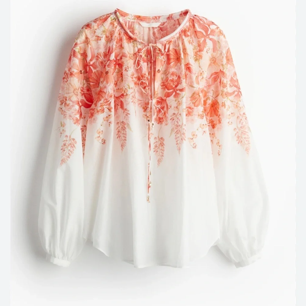 H&M Tie-detail Blouse in a white/coral floral pattern size medium